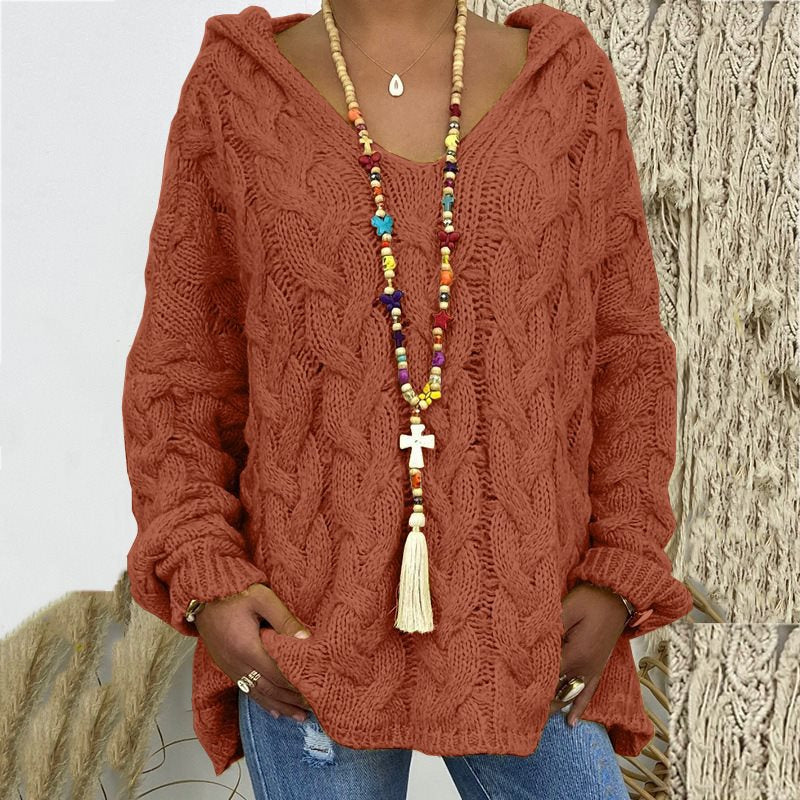 Women Oversized Cable Knit Sweater with Hood and Casual V-Neck Mune Fashion