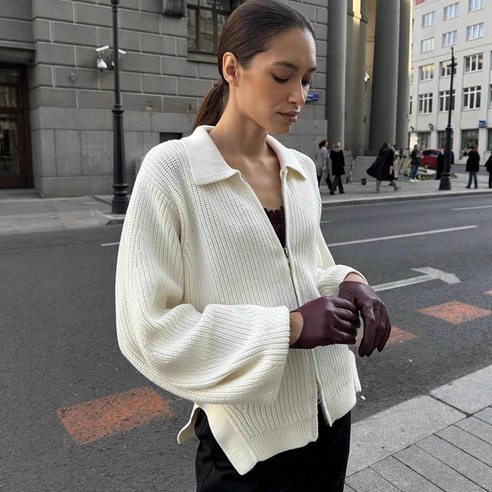 Women Ribbed Cardigan with Zipper, Shirt Collar & Balloon Sleeves Mune Fashion