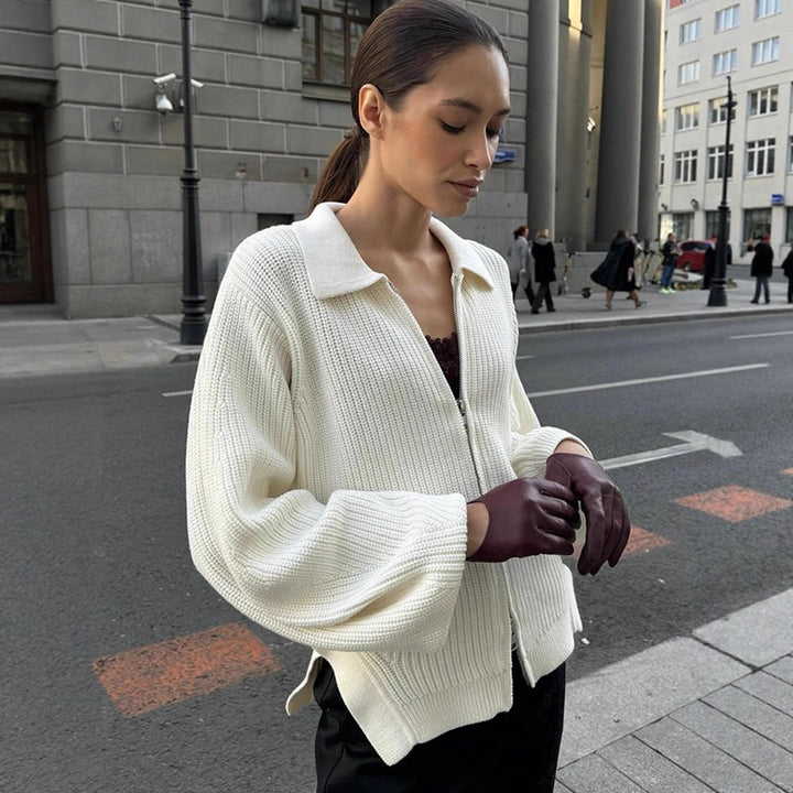 Women Ribbed Cardigan with Zipper, Shirt Collar & Balloon Sleeves Mune Fashion