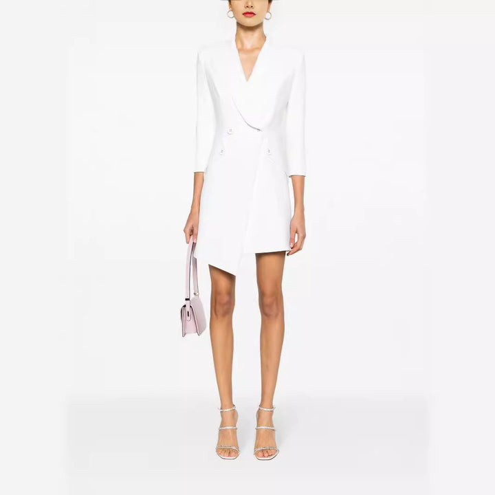 Women Tailored Blazer Dress with Asymmetrical Hem and 3/4 Sleeves Mune Fashion