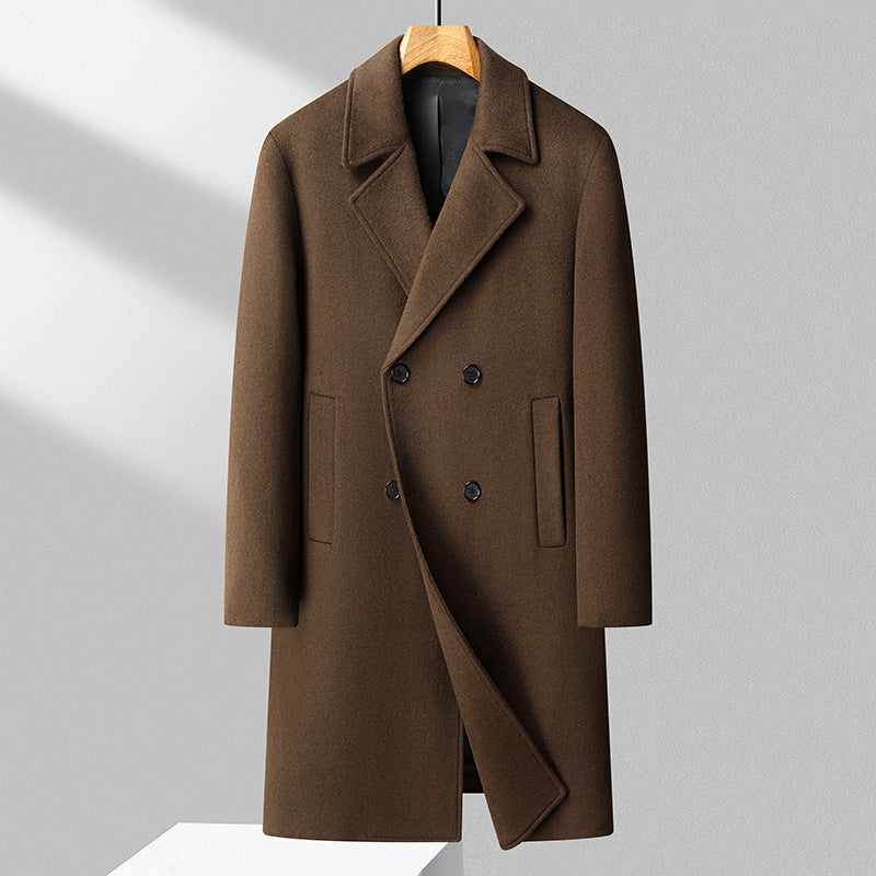 Men's Elegant Long Double-Breasted Wool Blend Overcoat with Notched Lapel Mune Fashion