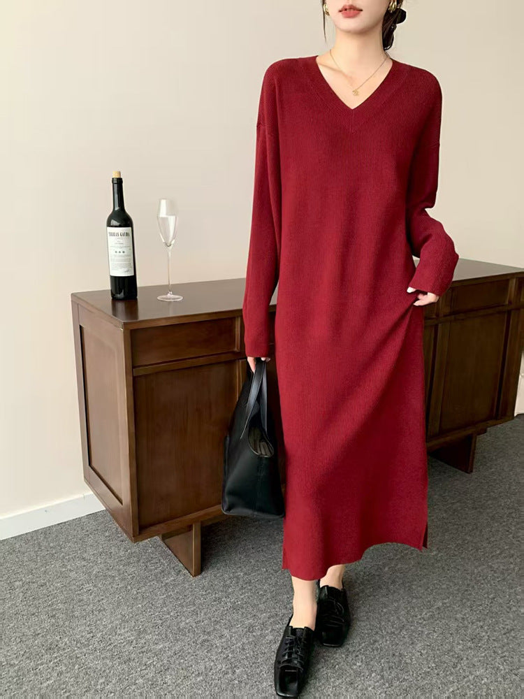 Women Long Fine Knit Midi Dress with V-Neck, Side Slit, and Relaxed Silhouette Mune Fashion