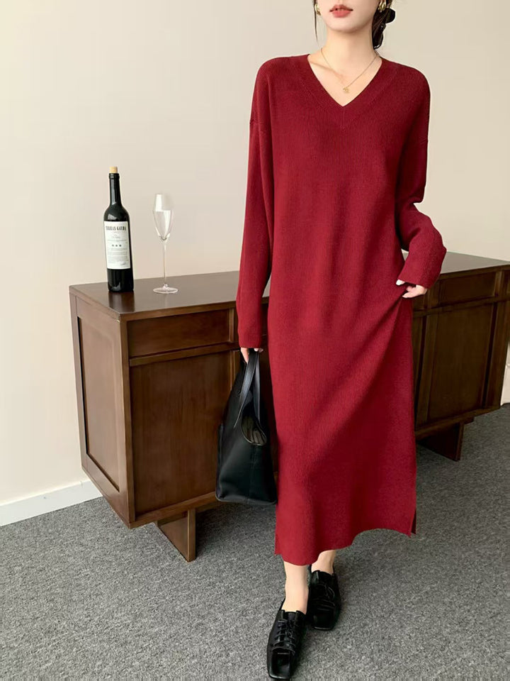 Women Long Fine Knit Midi Dress with V-Neck, Side Slit, and Relaxed Silhouette Mune Fashion