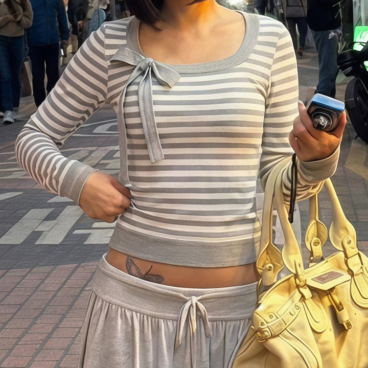 Ladies Striped Fine Knit Sweater with Bow Detail Mune Fashion