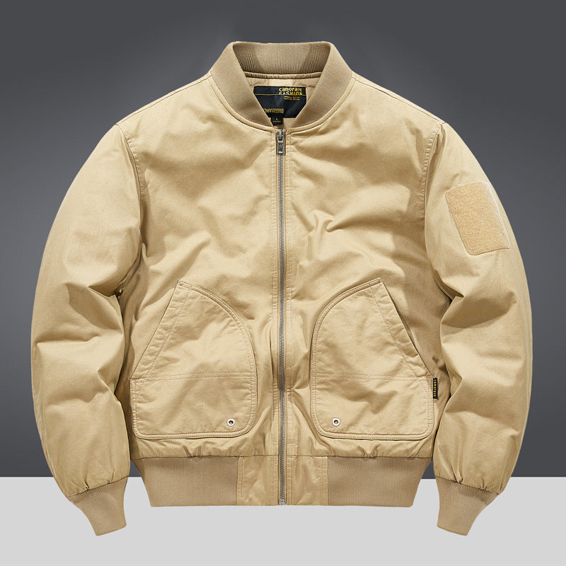 Men's  military-inspired heavyweight cotton bomber jacket with curved flap utility pockets and sleeve velcro patch Mune Fashion