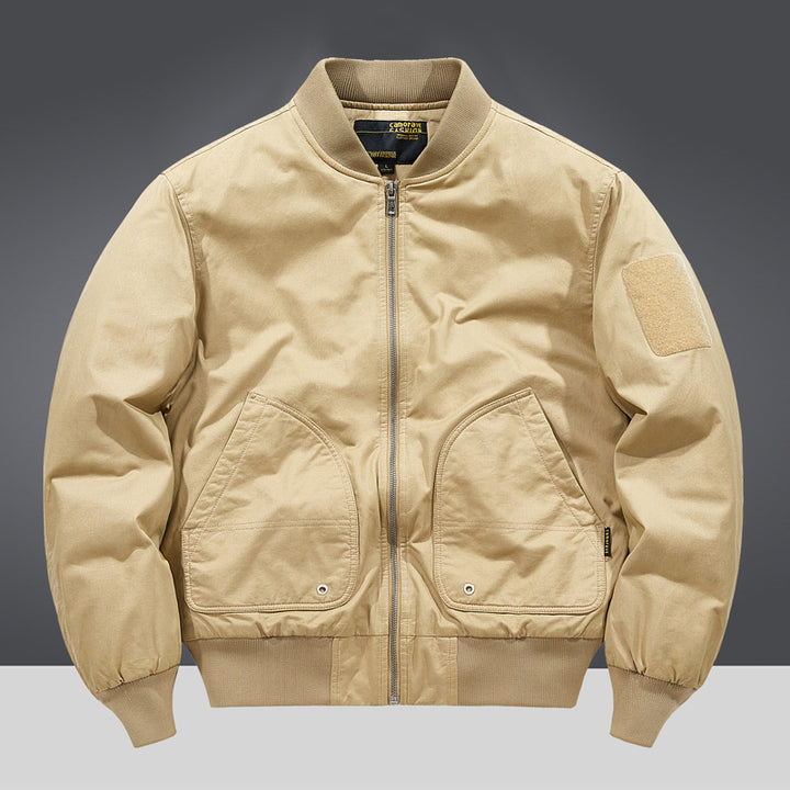 Men's  military-inspired heavyweight cotton bomber jacket with curved flap utility pockets and sleeve velcro patch Mune Fashion