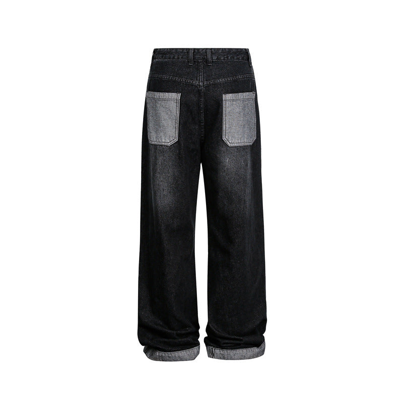 Unisex Wide Baggy Denim Pants with High Waist and Contrasting Pockets Mune Fashion