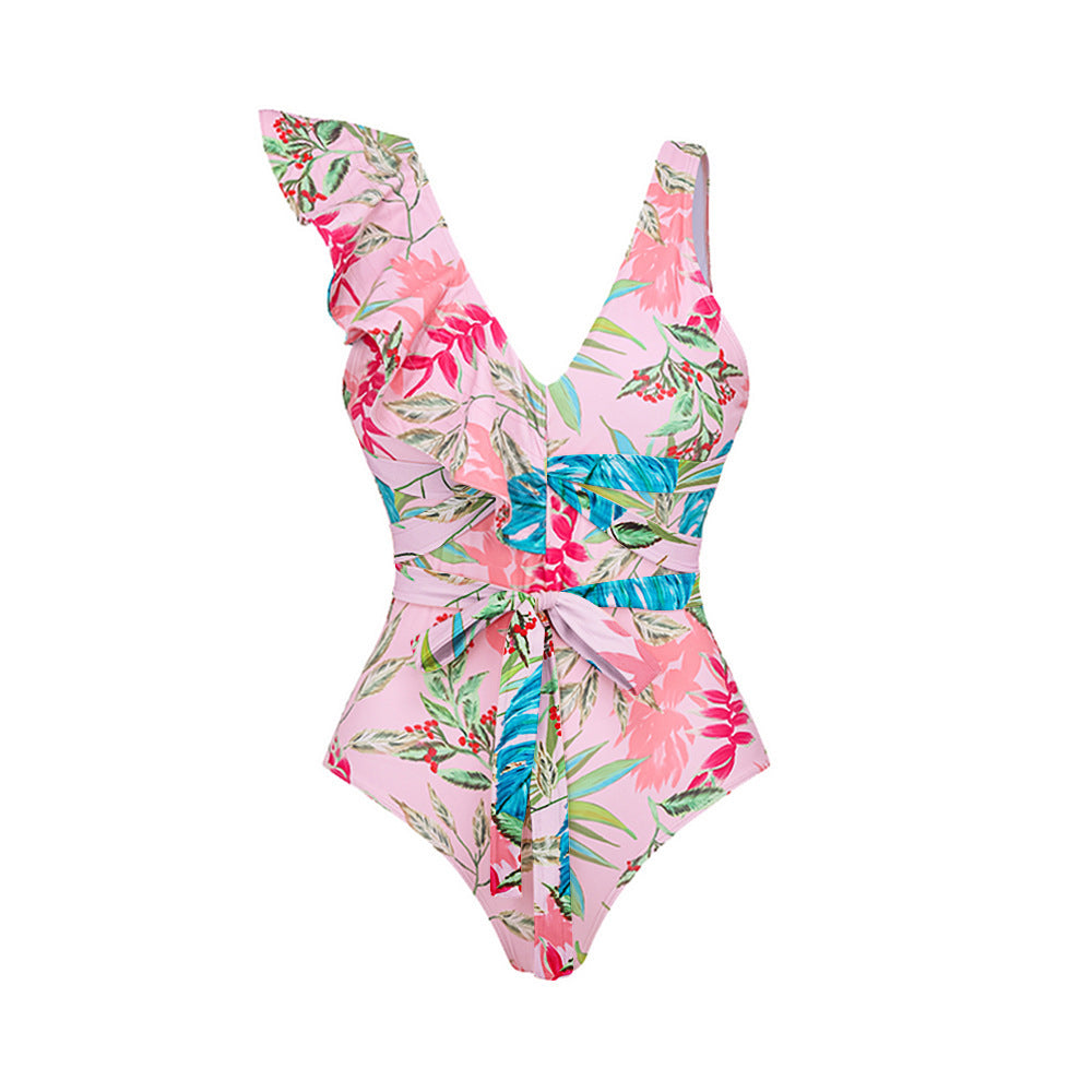 Women One-Piece Swimsuit with Stylish Ruffle Design and Floral Pattern Mune Fashion