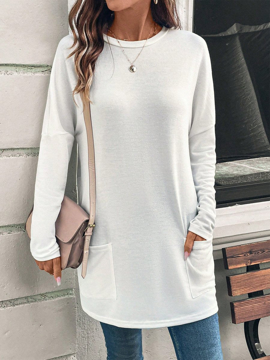 Women's loosely cut long tunic with round neckline, side pockets, and soft jersey Mune Fashion