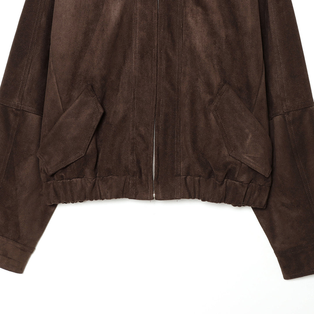 Women's casual suede look bomber jacket with zipper, stand-up collar, and large flap pockets Mune Fashion