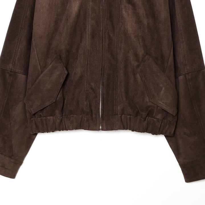 Women's casual suede look bomber jacket with zipper, stand-up collar, and large flap pockets Mune Fashion