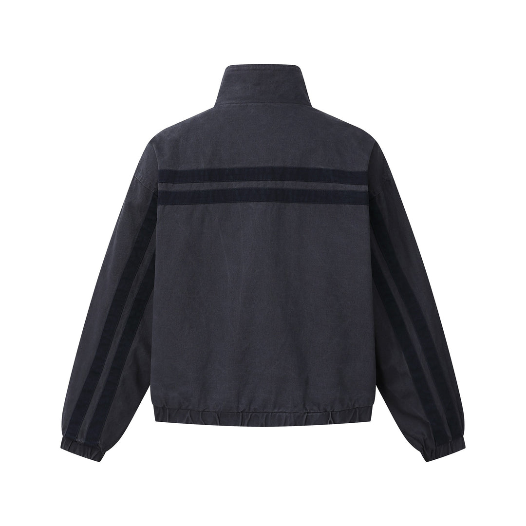 Unisex Short Cut Boxy Blouson Jacket with Stand-Up Collar and Horizontal Chest Piping Mune Fashion