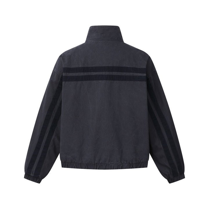 Unisex Short Cut Boxy Blouson Jacket with Stand-Up Collar and Horizontal Chest Piping Mune Fashion