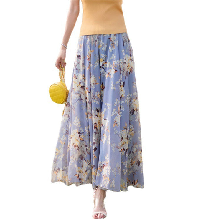 Women long pleated maxi skirt with floral summer print and elastic waistband Mune Fashion