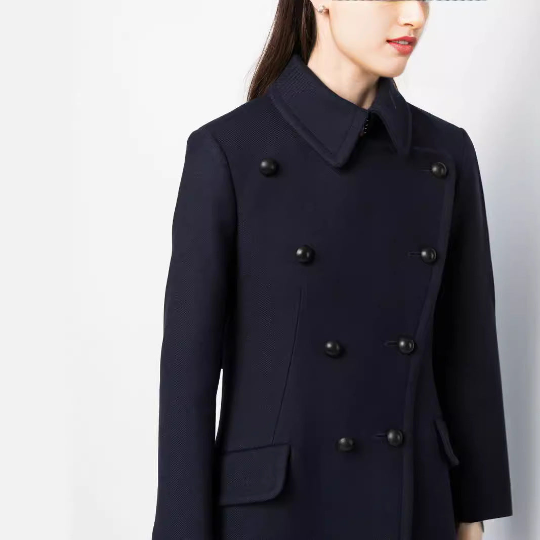 Women Double-breasted A-line Wool Blend Coat with Round Collar and Flap Pockets Mune Fashion