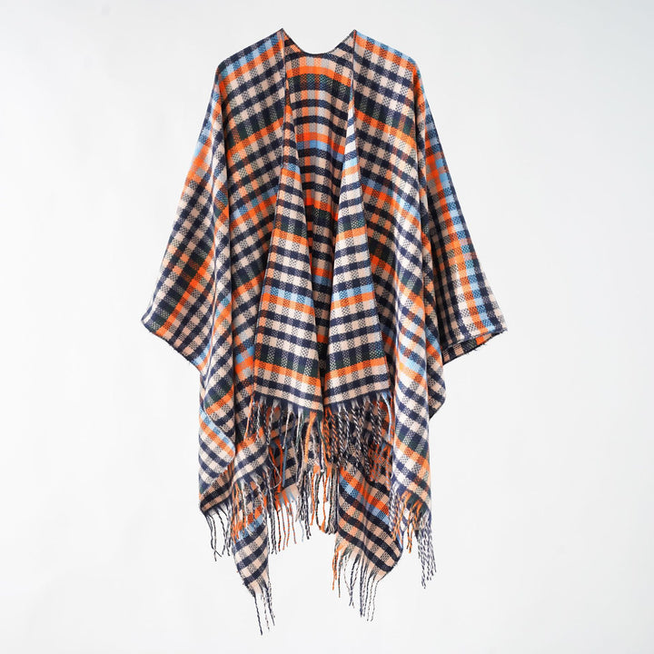 Women's Fringe Ruana made of wool blend with large checkered pattern and open fall Mune Fashion