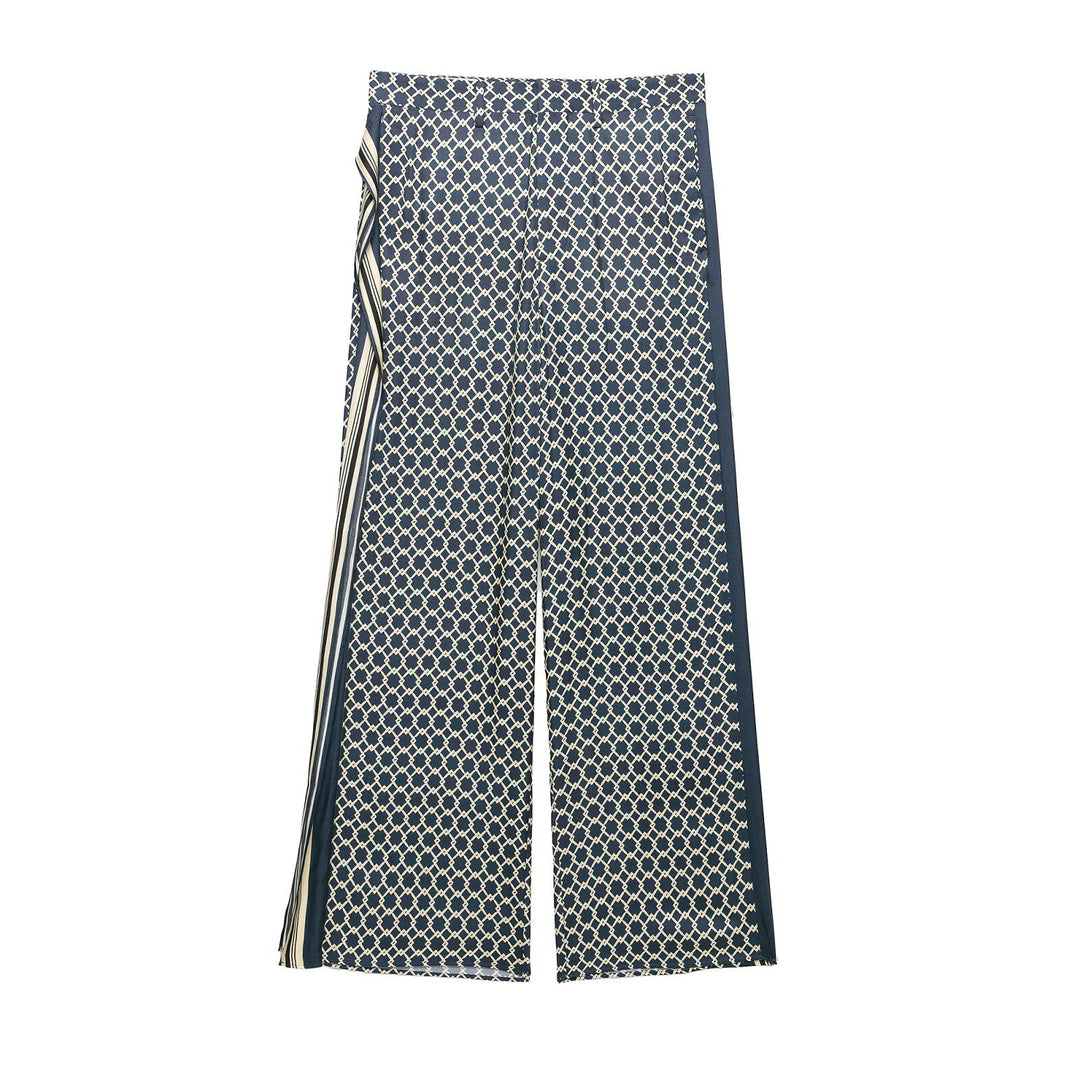 Ladies Wide Palazzo Pants with Geometric Allover Print and Side Stripe Drune