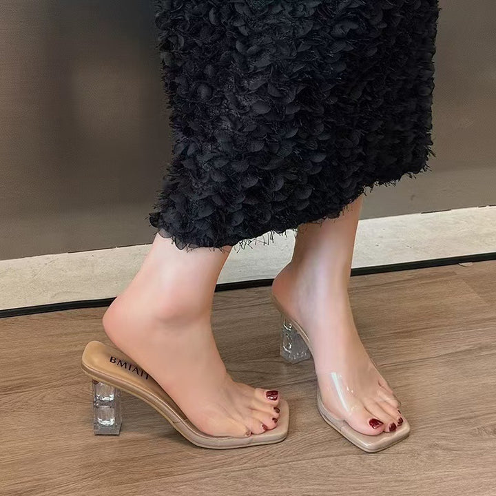 Women's Transparent Slip-On Sandal with Square Toe Box and Faceted Acrylic Block Heel Mune Fashion