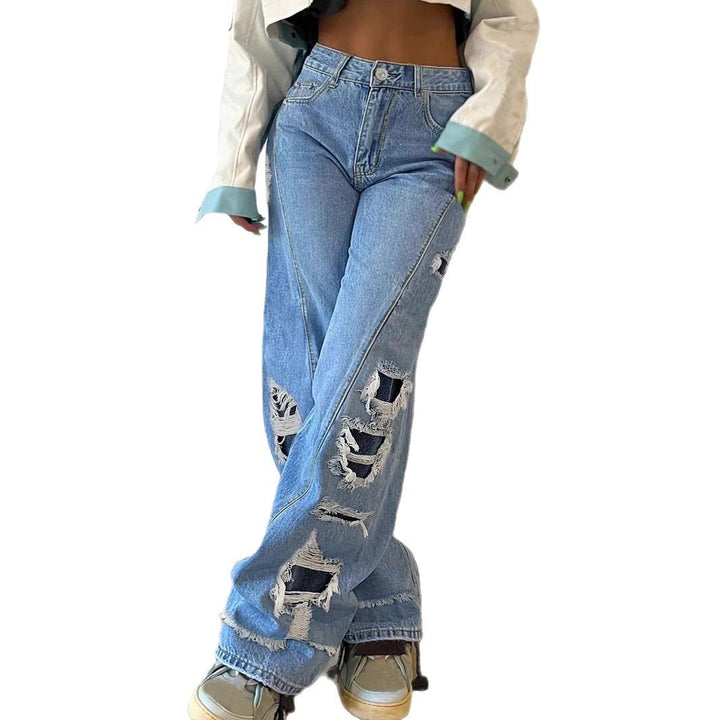 Ladies wide Destroyed jeans with side cutouts and contrasting underlays Mune Fashion