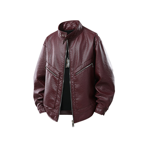 Herren Lässige Lederoptik-Bomberjacke mit Stehkragen und diagonalen Reißverschlusstaschen Mune Fashion