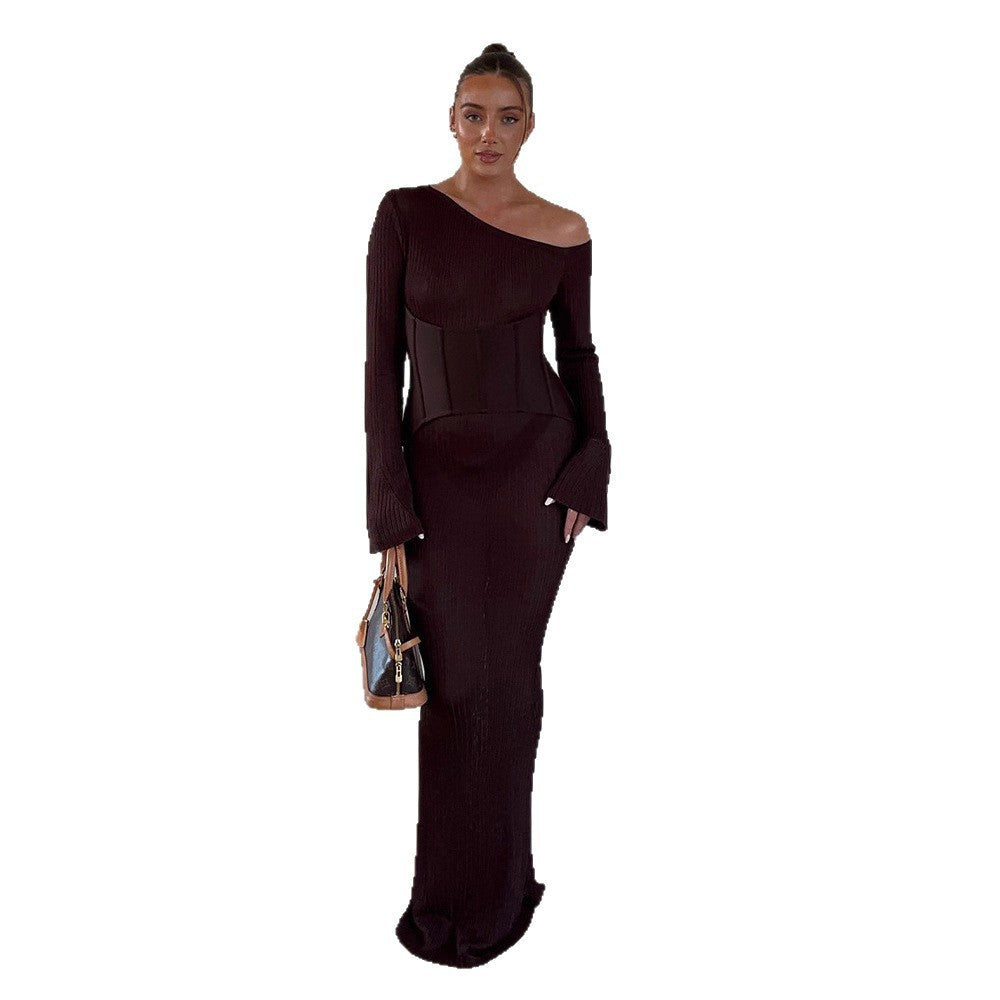 Women's One-Shoulder Maxi Dress with Shaping Corset Waist and Ribbed Knit Mune Fashion