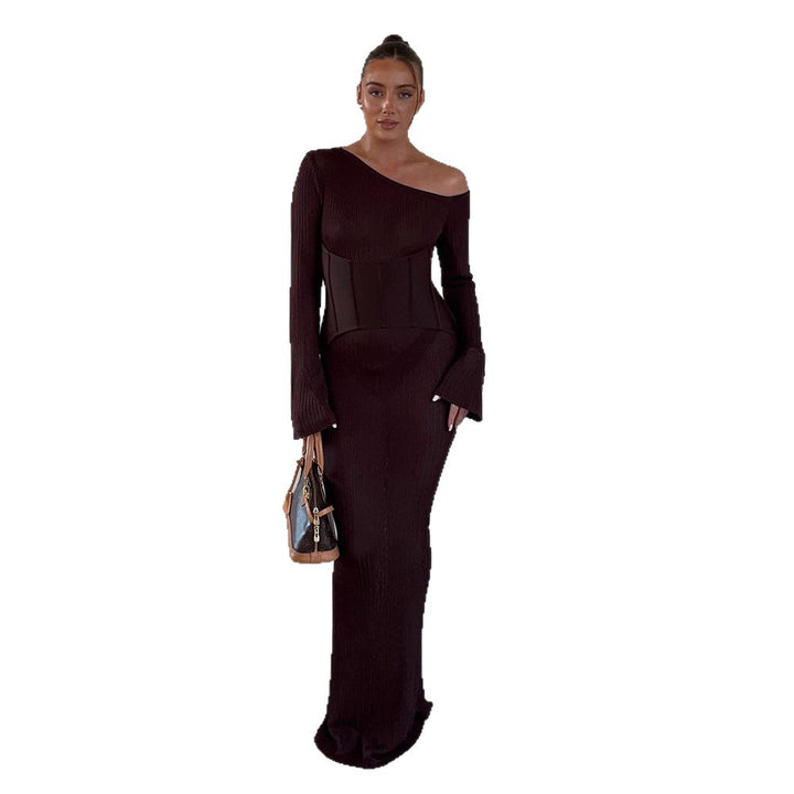 Women's One-Shoulder Maxi Dress with Shaping Corset Waist and Ribbed Knit Mune Fashion