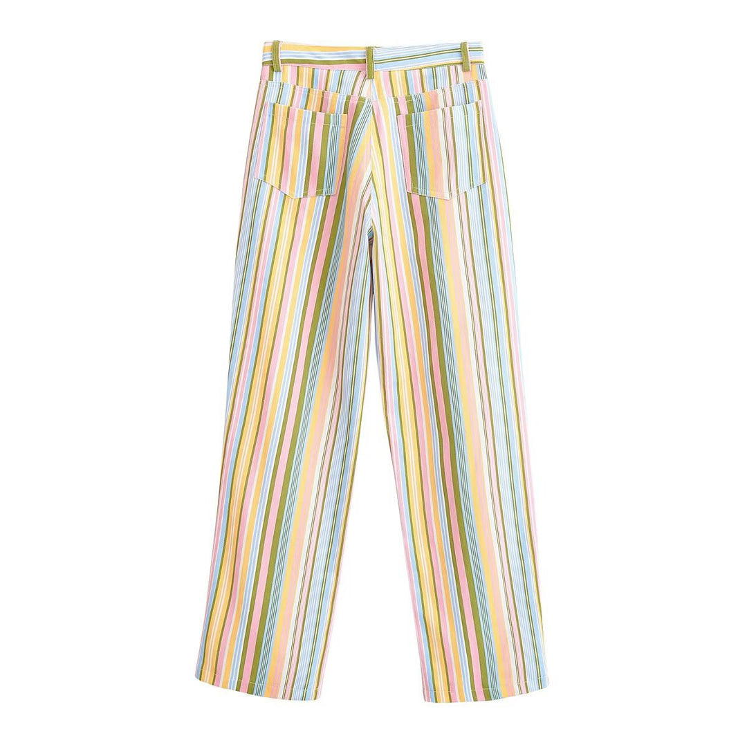 Women's Striped High Waist Pants with Wide Leg and Five Pocket Cut Mune Fashion