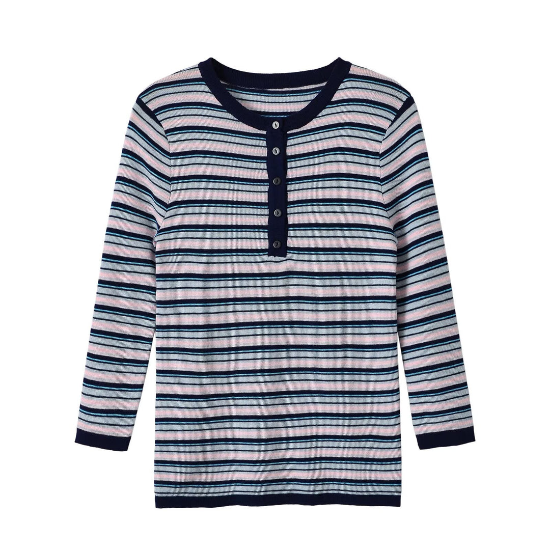 Women's fine knit Henley shirt with fine stripe structure and button placket Mune Fashion