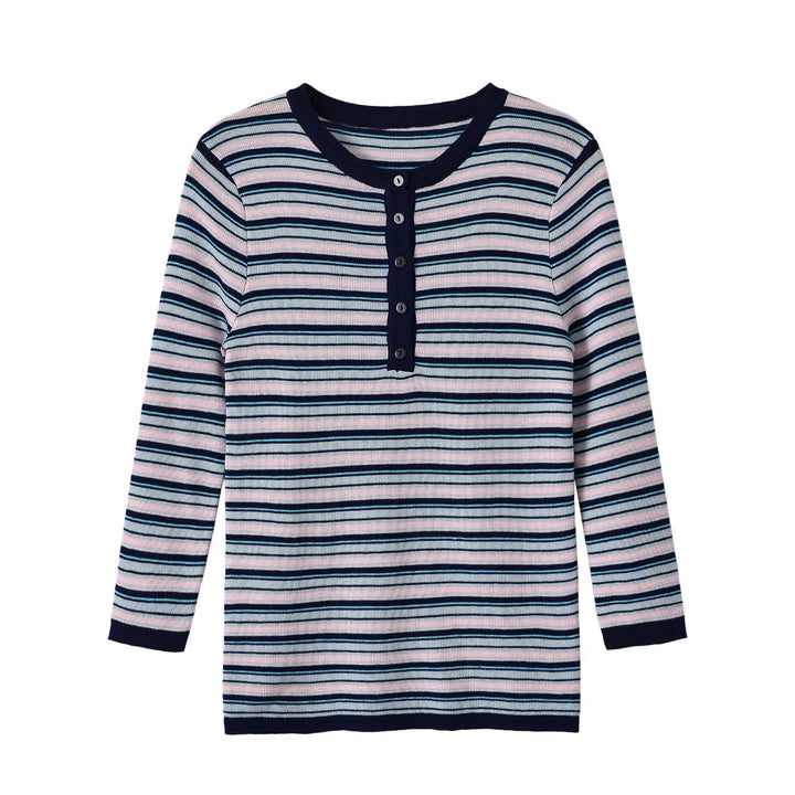 Women's fine knit Henley shirt with fine stripe structure and button placket Mune Fashion