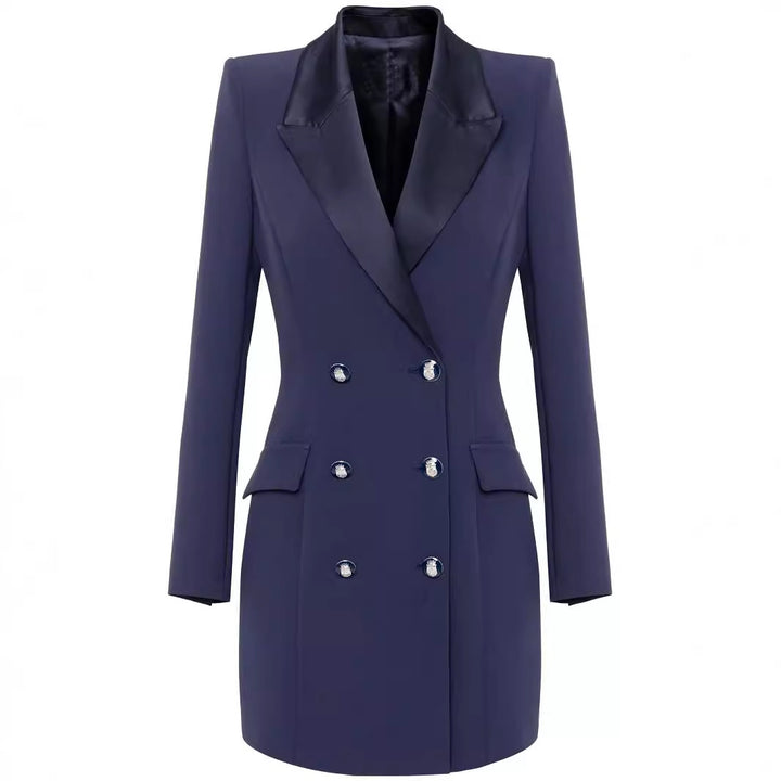 Women Tailored Double-Breasted Blazer Dress-Mini Dress with Structured Shoulder Mune Fashion