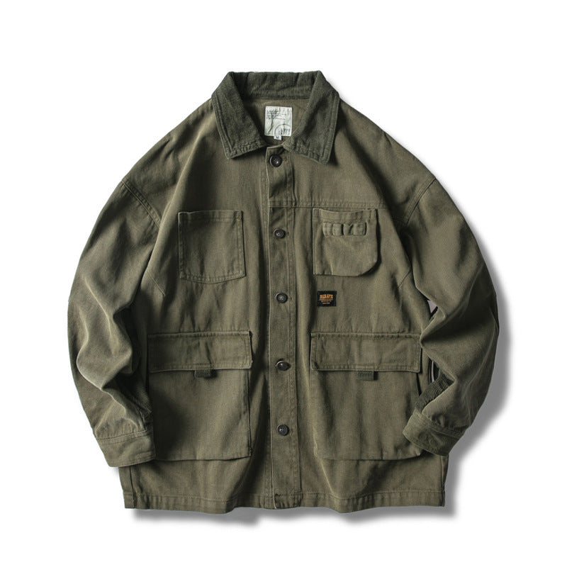 Men's loosely cut field jacket in workwear style with patch pockets and corduroy collar Mune Fashion