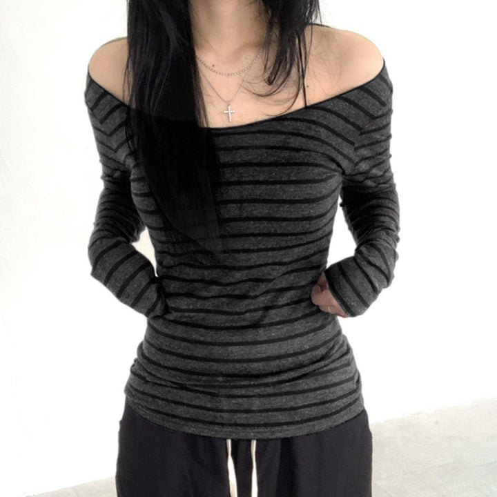 Women's off-shoulder striped long-sleeve shirt with wide bateau neckline and figure-hugging waistline Mune Fashion