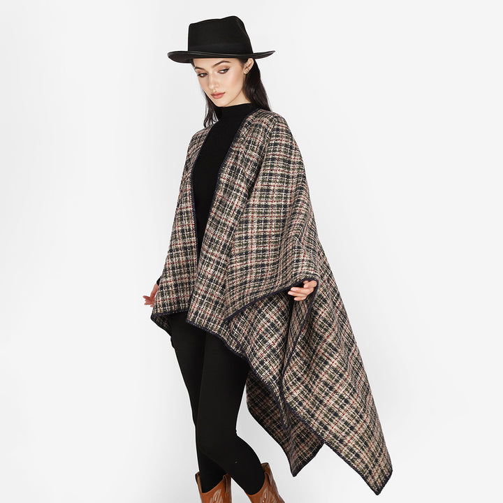 Women's Boucle-Tweed Cape-Poncho with V-Neck and Contrasting Trim Mune Fashion
