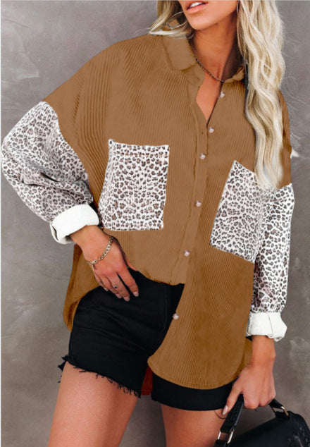 Women's Oversize Cord Shirt with Continuous Button Placket, Leo Contrast Sleeves and Patch Pockets Mune Fashion
