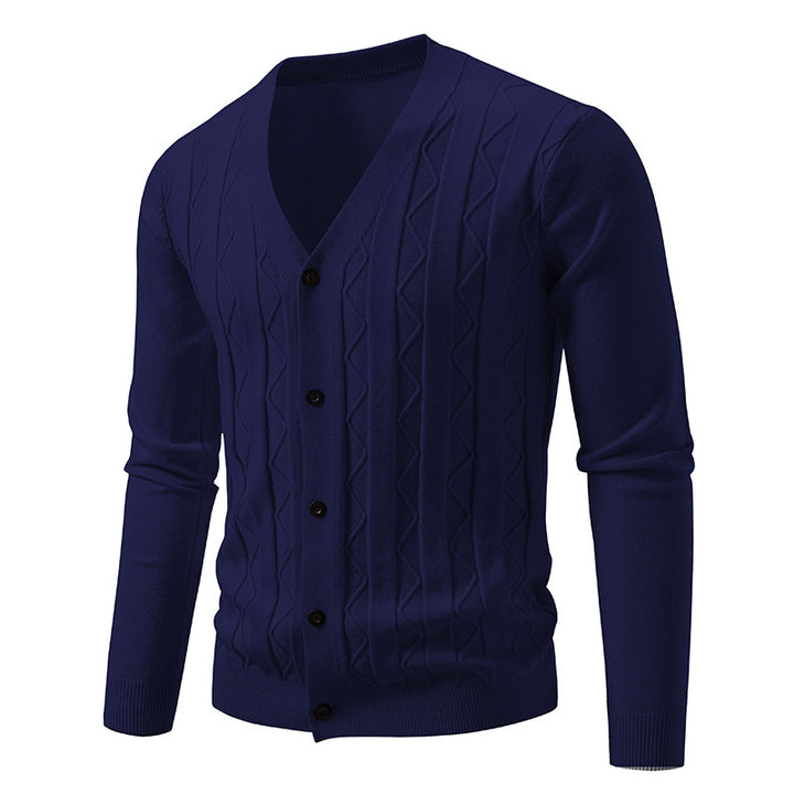 Men's V neck cardigan with subtle cable knit texture and continuous button placket Mune Fashion