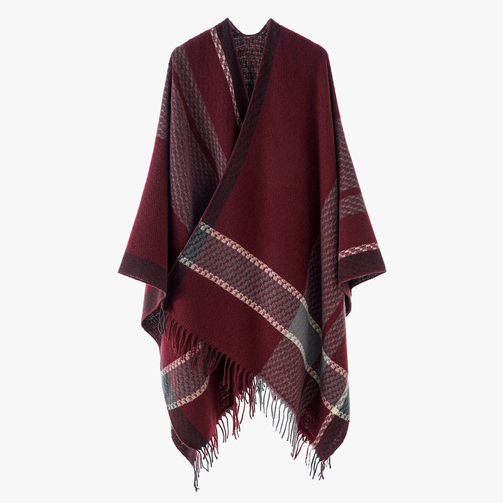 Women's Oversize Cape Poncho made of Wool Blend with Checkered Pattern and Fringe Hem Mune Fashion