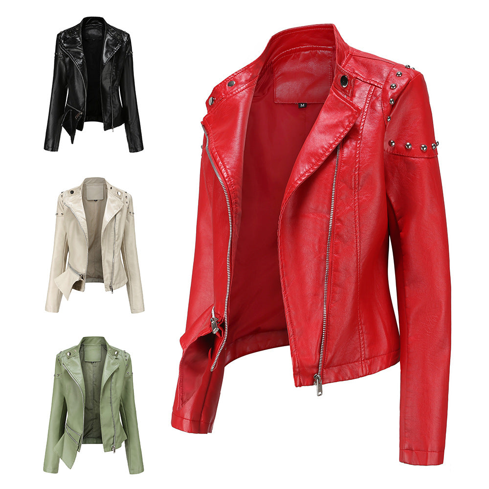 Women's nan asymmetric faux leather biker jacket with stud application and tailored peplum Mune Fashion