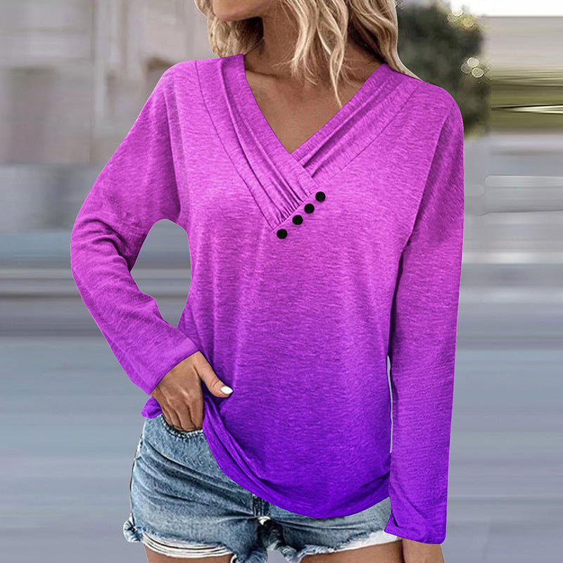 Women's Long Sleeve Ombre Viscose Shirt with V-Neck, Pleating and Decorative Buttons Mune Fashion