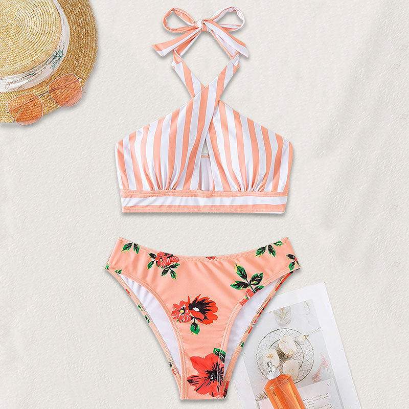 Women's Two-Piece Bikini with Refined Wrap Design and Floral Accents Mune Fashion