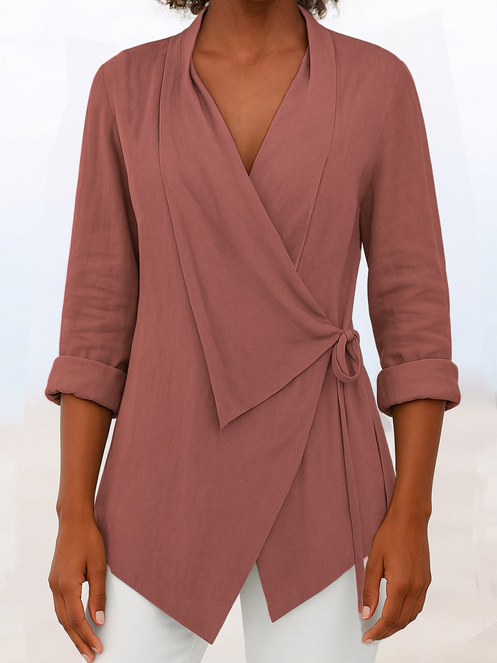 Women's Asymmetrical Wrap Blouse with Shawl Collar and 3/4 Sleeves Mune Fashion