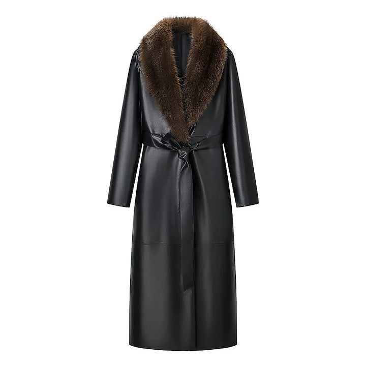 Women's long leather imitation coat dress with voluminous faux fur shawl collar and tie belt Mune Fashion