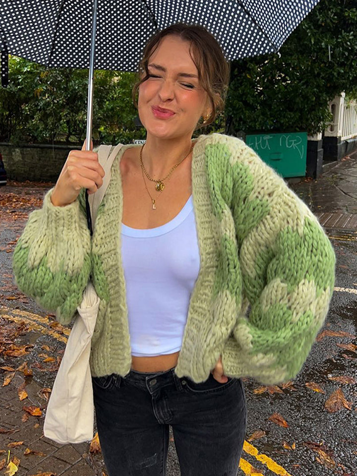 Women's Chunky Knit Cropped Cardigan with Voluminous Balloon Sleeves and Crochet Patch Details Mune Fashion