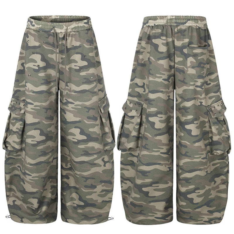 Women's Wide Cargo Pants in Camouflage Design with Elastic Waistband and Large Pockets Mune Fashion