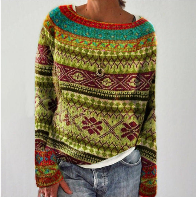 Women's patterned Norwegian knit sweater with wide round neckline and casual oversized fit Mune Fashion