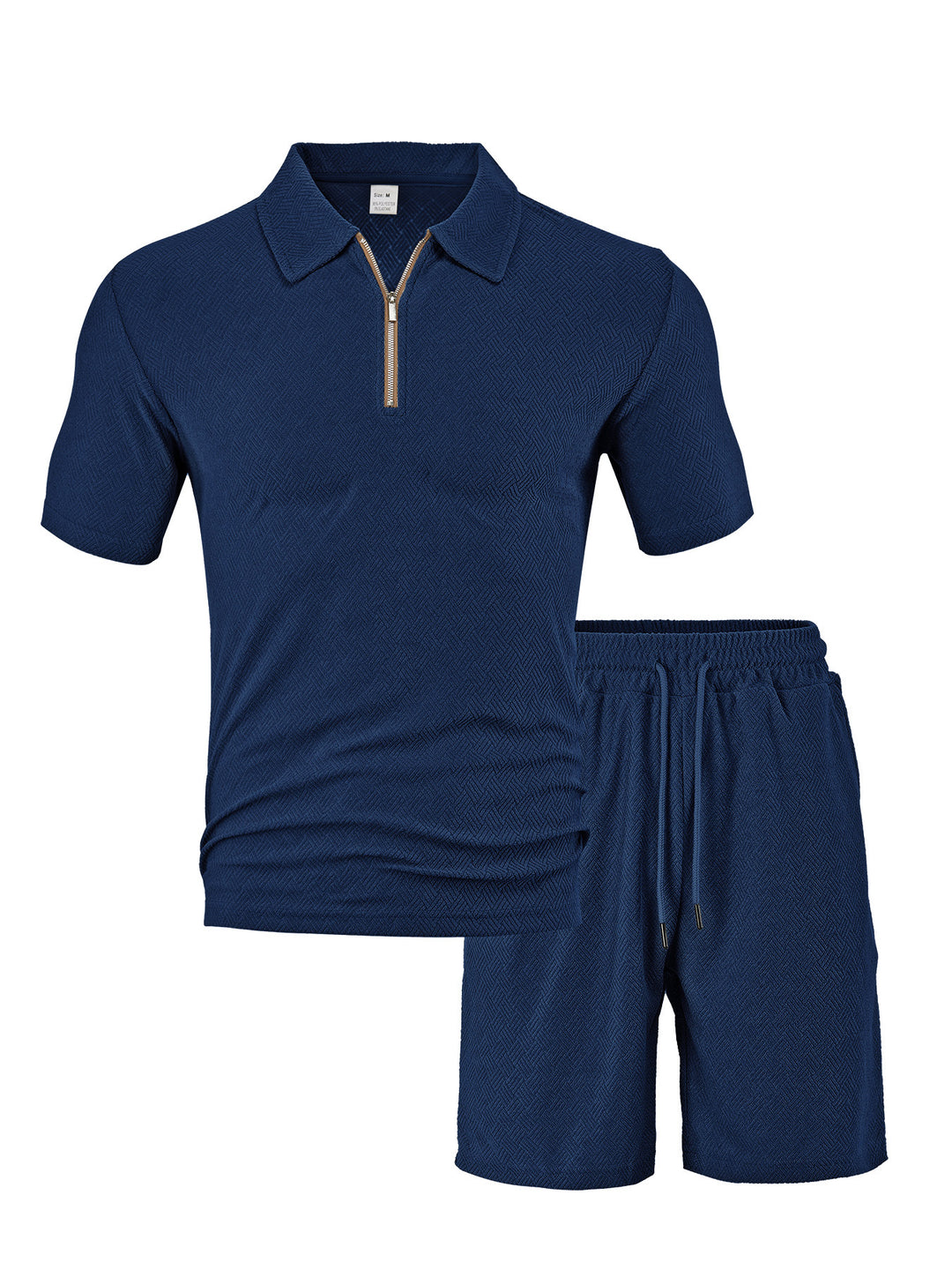 Men's comfortable short sleeve half zip set with polo collar and elastic cord pants made of textured knit Mune Fashion