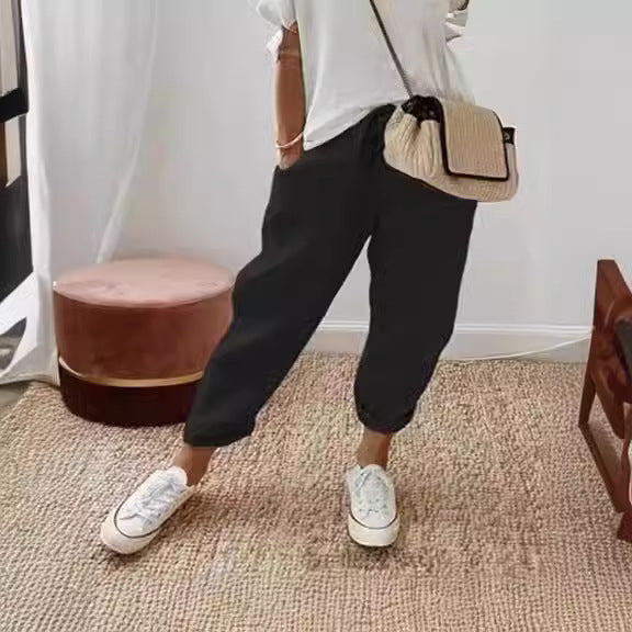 Women's linen jogger pants with drawstring, loose tapered fit and rolled hems Mune Fashion