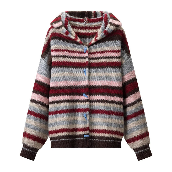 Women's Striped Hooded Cardigan made of fluffy Mohair blend with triangle buttons Mune Fashion