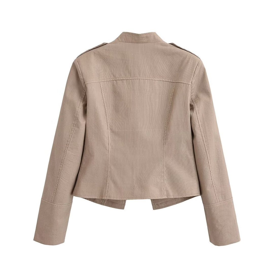 Women's Short Tailored Military Jacket with Stand-Up Collar and Decorative Buttons Mune Fashion