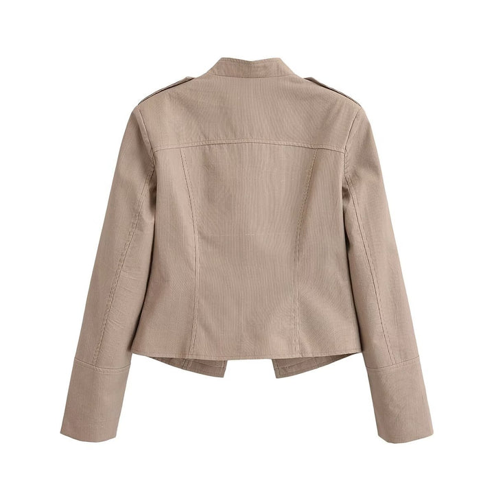 Women's Short Tailored Military Jacket with Stand-Up Collar and Decorative Buttons Mune Fashion