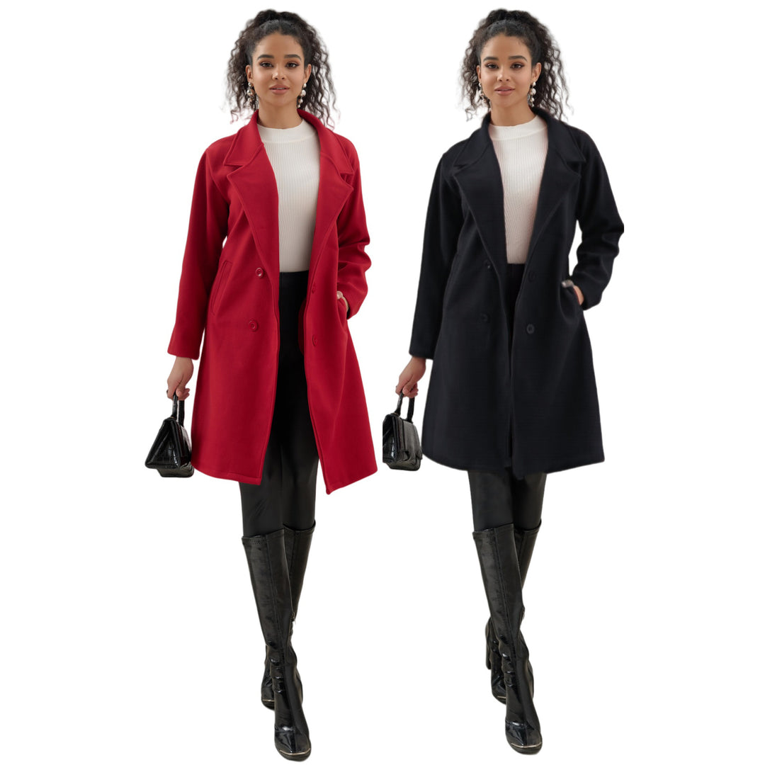 Ladies Elegant Knee-Length Double-Breasted Wool Blend Coat with Notched Lapel Mune Fashion